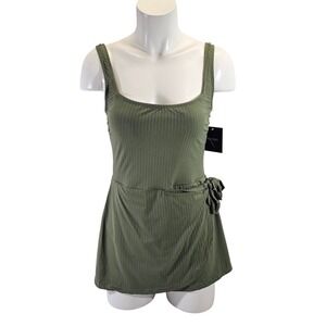 Ellen Tracy Ribbed Swimdress One Piece Sage Green Size 8 Wrap Skirt Swimsuit NEW